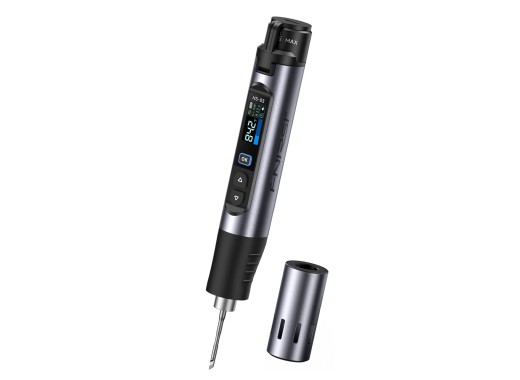 Fnirsi HS-03 cordless soldering iron front with display and soldering tip