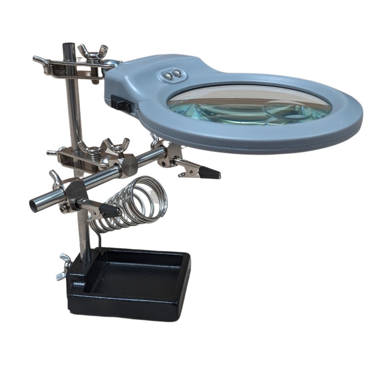 Helping hand with magnifying glass and light
