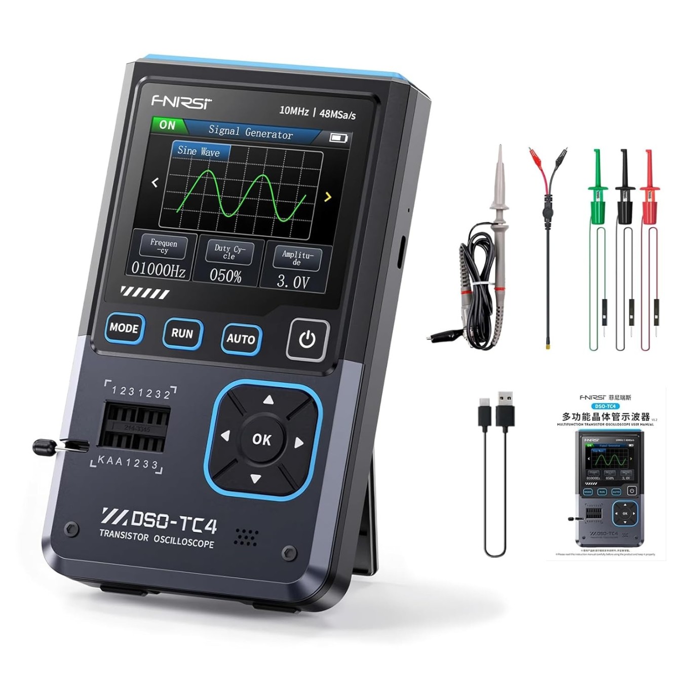 FNIRSI DSO-TC4 – Oscilloscope Numérique Portable + Testeur Transistor + Générateur De Signaux – USB-C